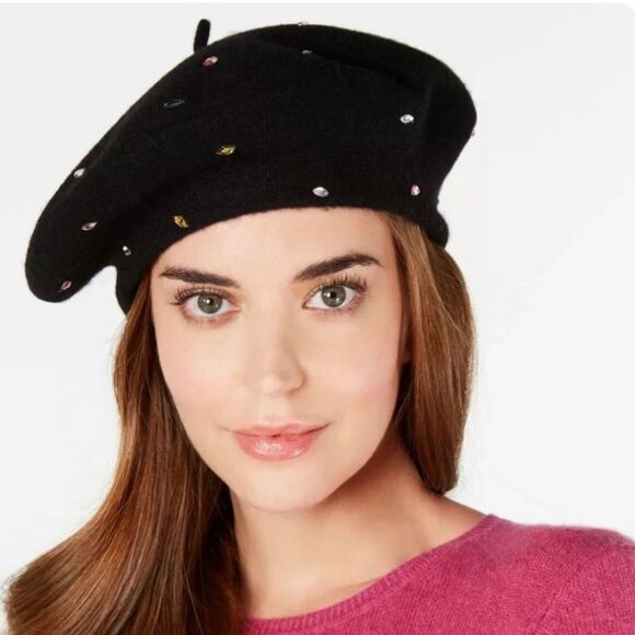 INC International Concepts Accessories - INC Classic Wool Beret Embellished with Multi-Colored Crystal Accents - MSRP $38